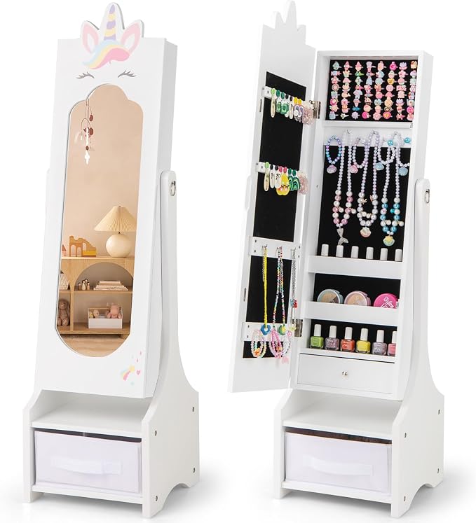 CHARMAID Kids Jewelry Cabinet - 45.5" Standing Armoire with Full Length Mirror, Kids Jewelry Organizer with Storage Drawers, Vanity Dressing Mirror for Girls (White)