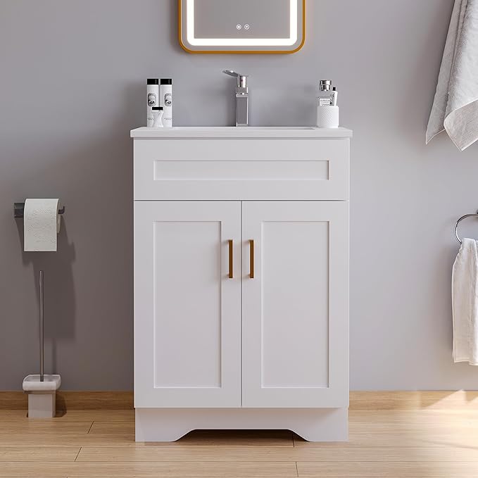Bathroom 24" Vanity with Ceramic Sink, Wooden Double Door Bathroom Storage Cabinet, Freestanding Cabinet Vanity with Sink (Paint, White,24")