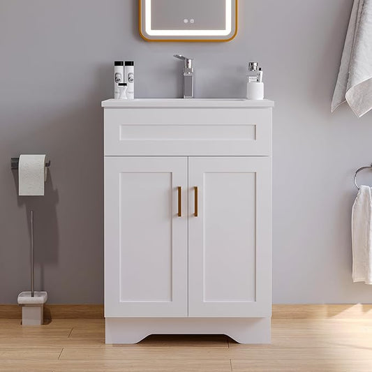 Bathroom 24" Vanity with Ceramic Sink, Wooden Double Door Bathroom Storage Cabinet, Freestanding Cabinet Vanity with Sink (Paint, White,24")