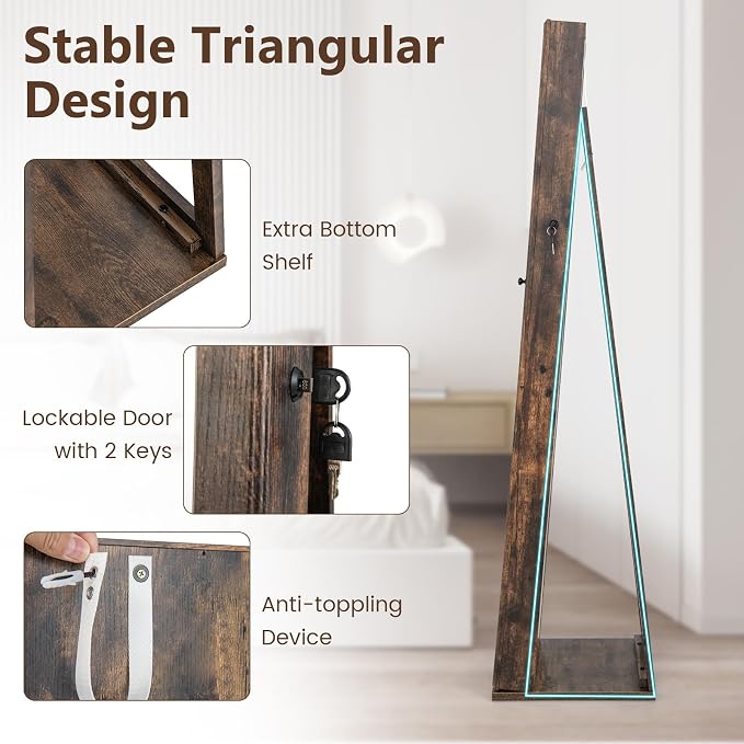 COSTWAY Standing Jewelry Cabinet, Large Capacity Jewelry Organizer w/Full-Length Mirror & Rear Storage Shelves, Lockable Mirror Jewelry Armoire with Keys for Girls Women (Rustic Brown)
