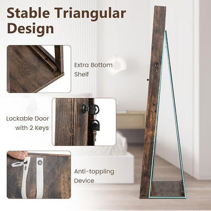 COSTWAY Standing Jewelry Cabinet, Large Capacity Jewelry Organizer w/Full-Length Mirror & Rear Storage Shelves, Lockable Mirror Jewelry Armoire with Keys for Girls Women (Rustic Brown)