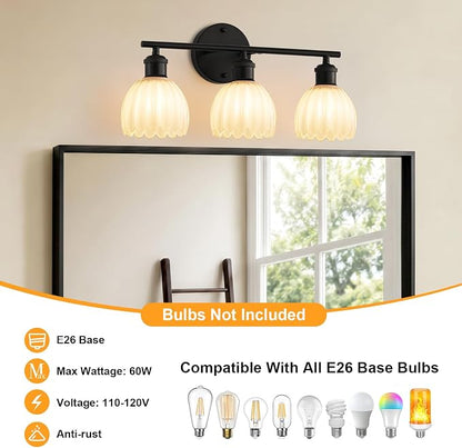 Bathroom Light Fixtures, 3-Light Brushed Black Vanity Lights for Bathroom with White Tulip Glass Shade, 20" Vintage Bathroom Vanity Lighting Fixtures Over Mirror for Bedroom Living Room Hallway