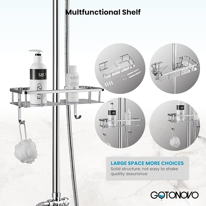 gotonovo Exposed Shower System with Shelf 2 Cross Handle Polished Chrome | Bathroom Brass Shower Faucet Set,8’’ Rainfall Head with Handheld Sprayer,SUS304 Shelf,6’’ Hole Distance,Adjustable Height