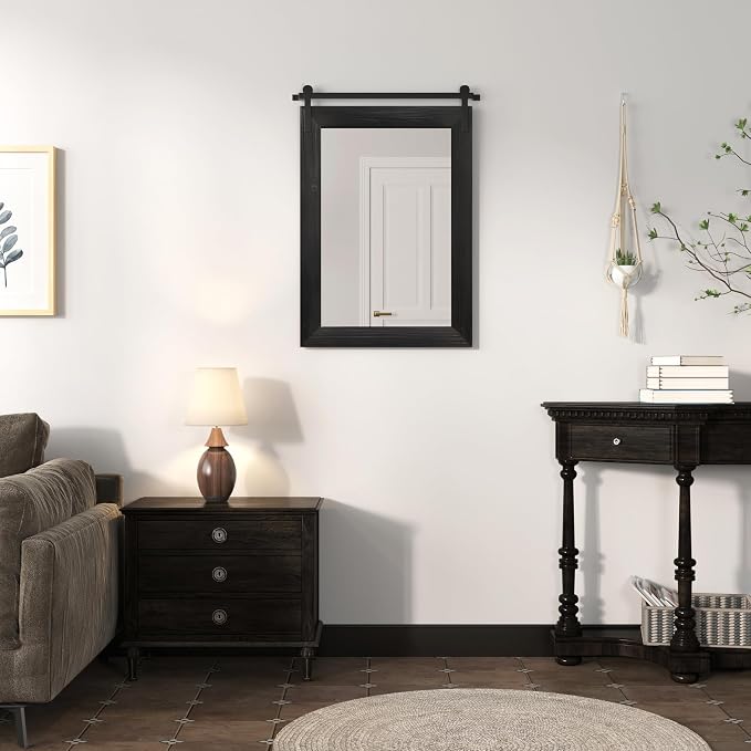 COGOOD Farmhouse Barn Door Mirror - 26 x 17 Black | Rustic Wood Framed Vanity Mirror for Entryway, Living Room, Bedroom, Bathroom Wall Decor