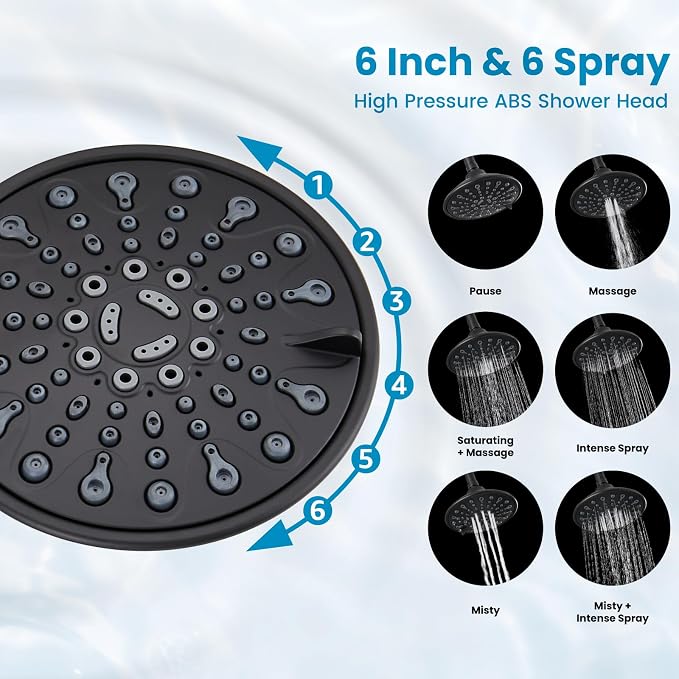 gotonovo Shower Faucet Set with Valve 6 Mode Rain Head Matte Black | Bathroom Shower Head and Handle Set Complete Combo,6 Mode Multi 6’’ ABS Rainfall Showerhead,Brass Valve Trim Kit,Wall Mount