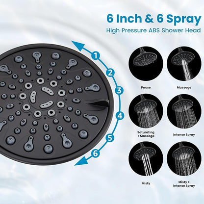gotonovo Shower Faucet Set with Valve 6 Mode Rain Head Matte Black | Bathroom Shower Head and Handle Set Complete Combo,6 Mode Multi 6’’ ABS Rainfall Showerhead,Brass Valve Trim Kit,Wall Mount