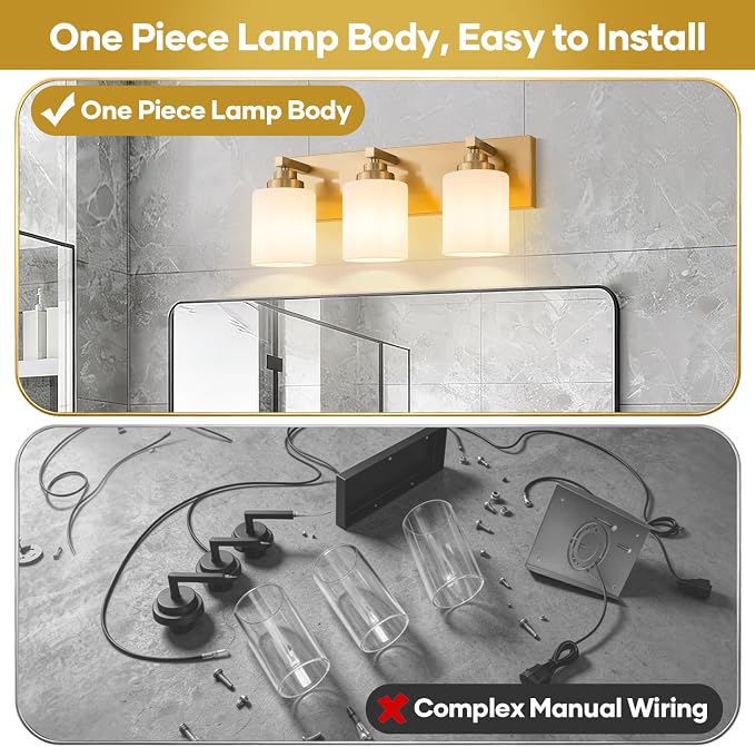 Vanity Lights for Bathroom, 3-Light Brushed Gold Bathroom Vanity Light Over Mirror with Milky White Glass Shades, Modern Bathroom Light Fixtures for Living Room Hallway Cabinet (Bulbs Not Included)
