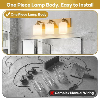 Vanity Lights for Bathroom, 3-Light Brushed Gold Bathroom Vanity Light Over Mirror with Milky White Glass Shades, Modern Bathroom Light Fixtures for Living Room Hallway Cabinet (Bulbs Not Included)