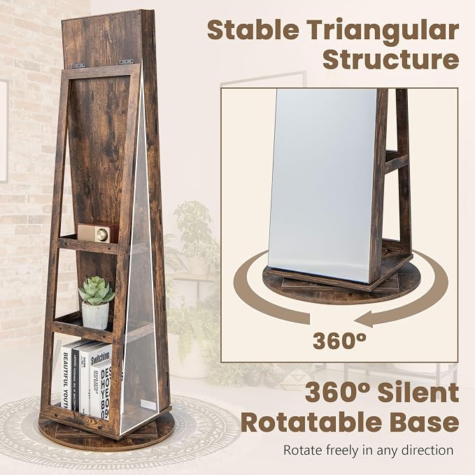 Byroce 360° Rotating Jewelry Armoire with Full Length Mirror, Lockable Jewelry Cabinet with 3-Color LED Lights, Rear Storage Shelves & Inside Makeup Mirror, Standing Jewelry Organizer (Rustic Brown)