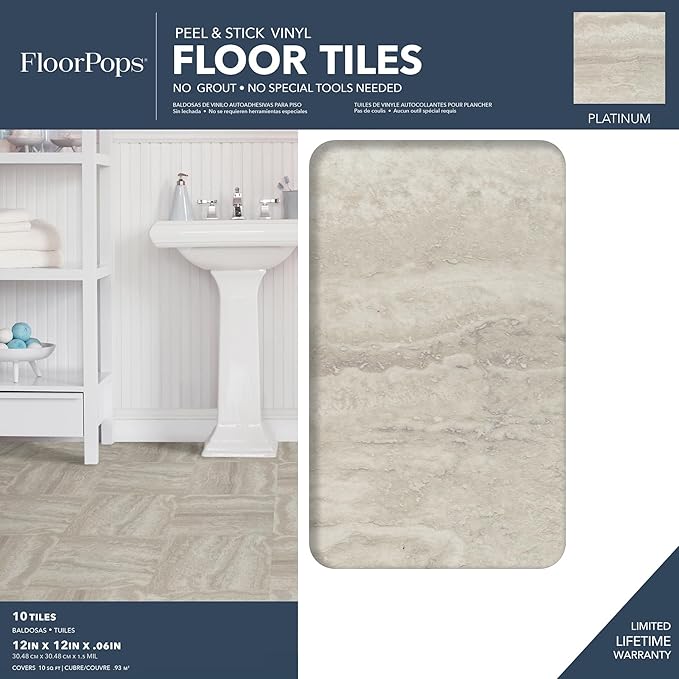 FloorPops FP3327 Platinum Peel & Stick Peel and Stick Floor Tiles, Grey 12 inch x 12 inch