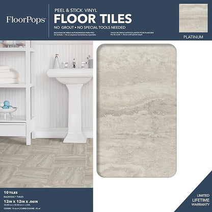 FloorPops FP3327 Platinum Peel & Stick Peel and Stick Floor Tiles, Grey 12 inch x 12 inch
