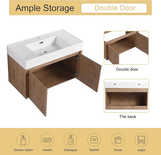 Malwee 36 Inch Floating Bathroom Vanity with Sink, 36'' Single Sink Wall Mounted Bathroom Vanity, with 2 Doors and White Resin Basin Top, Wall Hung Storage Cabinet Set(035-36)