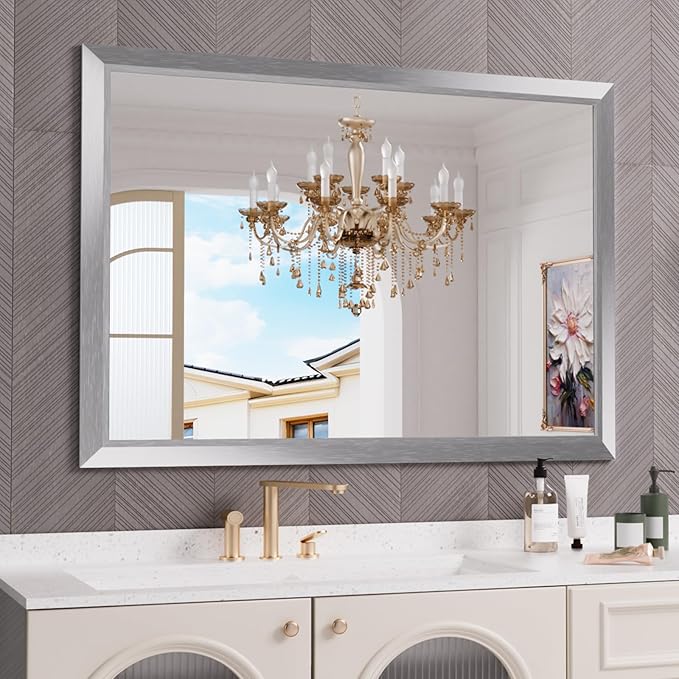 Bathroom Mirror for Wall, 50x36 Inch (Brushed Silver) | HD Reflection, Tempered Glass, Thick Metal Framed Rectangle Mirrors for Over Sink, Bedroom, Living Room, Entryway, Anti-Rust