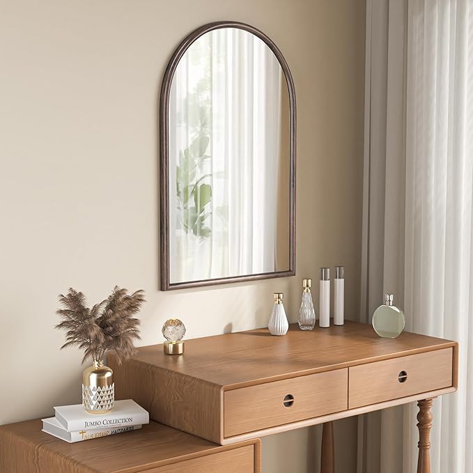 24"x36" Arch Wall Mirror for Wall, Wall Mounted Vanity Mirror for Bedroom, Wood Grain Finish Frame Mirror with Tempered Glass, Vintage Decorative for Bathroom, Entryway, Living Room, Walnut