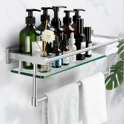 Glass Bathroom Shelf with Towel Bar, Stainless Steel Tempered Towel bar/Track Glass Bathroom Shelves Wall Mount Over The Toilet (Brushed Nickel, 20-inch)