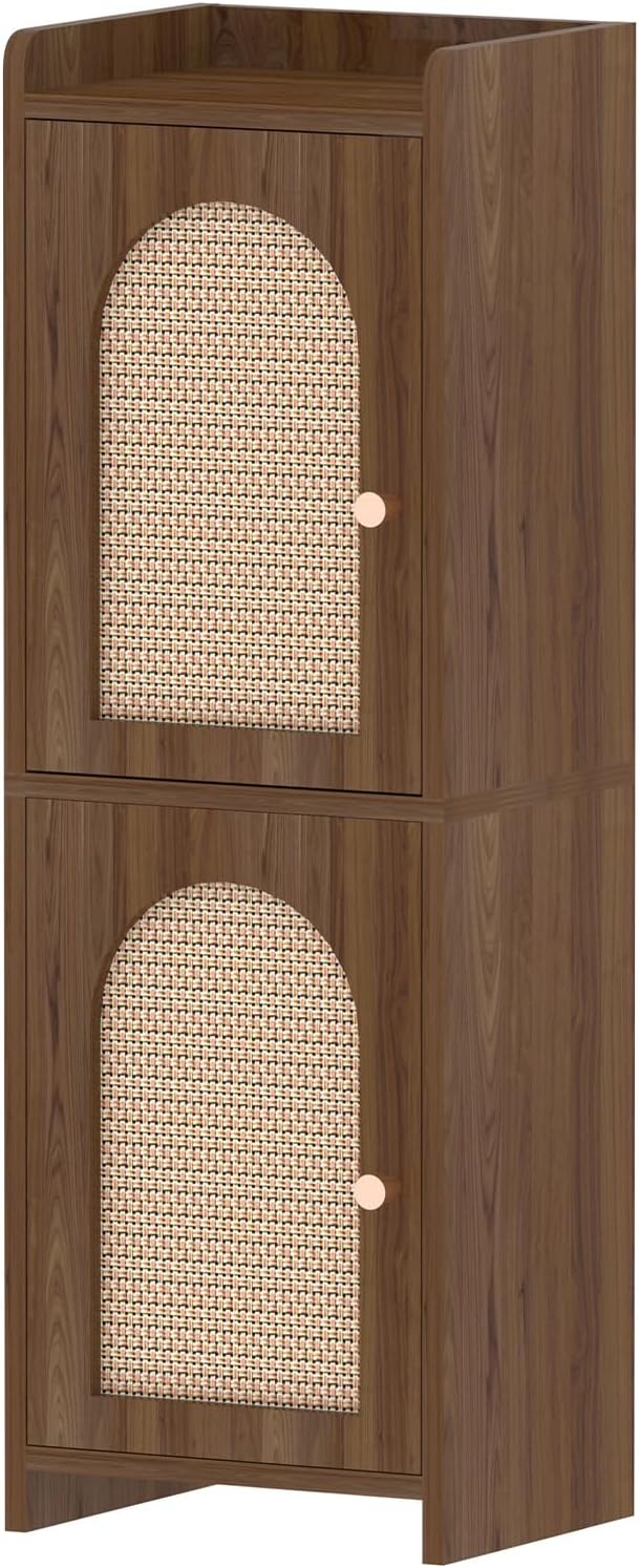 Arbuxzuy Rattan Bathroom Storage Cabinet with 2 Doors and Adjustable Shelf | Brown Corner Floor Cabinet, Narrow Toilet Paper Cabinets with 2Hooks,Toilet Organizer for Small Spaces, 7.87"D*9.84"W*29.72"H
