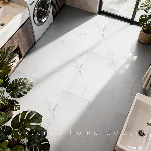 RORA 24x24 Inch Peel and Stick Floor Tile 20-Pack Waterproof Vinyl | Covers 80 Sq.Ft, Self-Adhesive, Easy DIY install, White Marble Vinyl Floor Tiles for Bathroom, Kitchen, Laundry & Office