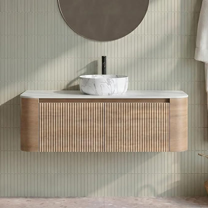 48" Preassembled Floating Bathroom Vanity with Carrara Finish Sink, Oak | Mid-Century Modern Style, Fluted & Soft-Close Drawer with U-shaped Wall, Sinterted Stone Countertop, Towel Rack Included