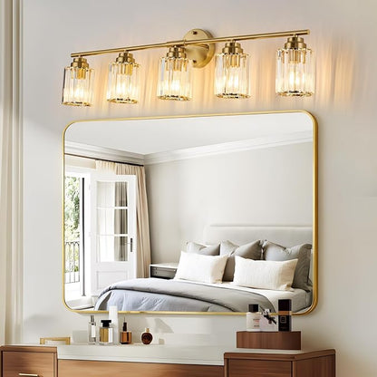 5-Light Crystal Bathroom Light Fixtures, Modern Gold Vanity Light, 37.4" Vanity Lights with Clear Crystal Shade, E26 Base Wall Sconces Over Mirror for Bathroom, Bedroom, Hallway