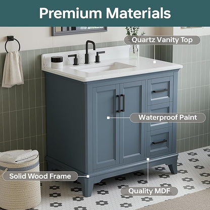 36 Inch Bathroom Vanity with Sink, Fully Assembled Bathroom Vanities with Quartz Countertop, 36 Vanity with Sink and Countertop, Soft Closing Doors & Dovetail Drawer, Steel Blue