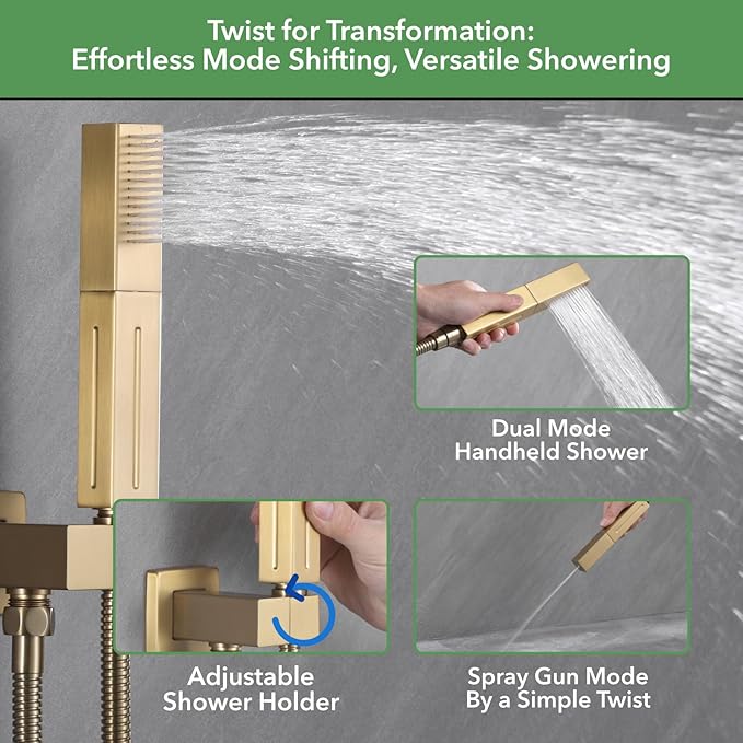 VANFOXLE Shower Faucet Set Brushed Gold Shower System,Push Button Diverter Shower Faucet with 2 in 1 Handheld, Wall Mount Increased Thickness 10 Inch Shower Head with 6 Inch Shower Head