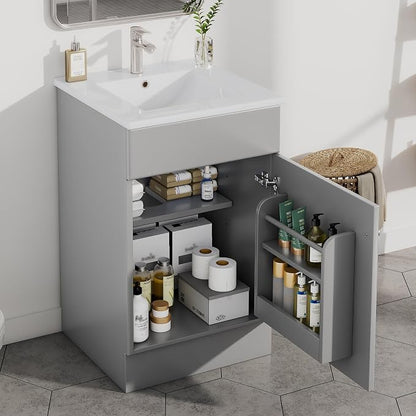 Christopher Knight Home Vanes Wood Frame 20" Bathroom Vanity with Ceramic Sink, Cabinet with Soft-Closing Door Shelf and Adjustable Shelf, Open Back, Metal Hardware, Storage/Organizer, Gray