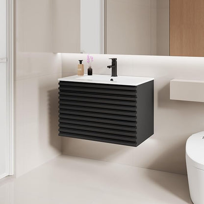 LUCKWIND 30" Floating Bathroom Vanity with Sink, Mid-Century Wall Mounted Big Drawer Cabinet with Large Sink, Water Saving Faucet and Wood Stripes Style, Black