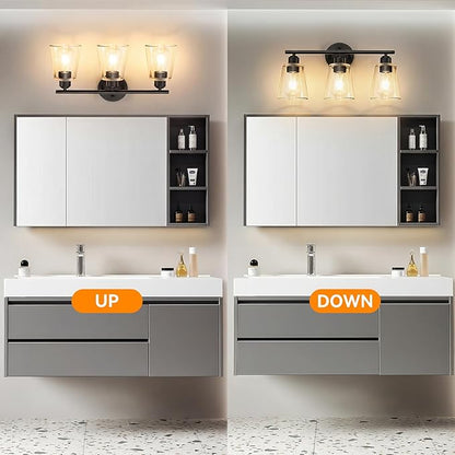 TALOYA 19 Inch Brushed Black Bathroom Light Fixtures with Thickend Clear Tapered Glass Shade, 3-Light Modern Vanity Light Over Mirror for Bathrooms, Bedrooms (Bulbs Not Included)