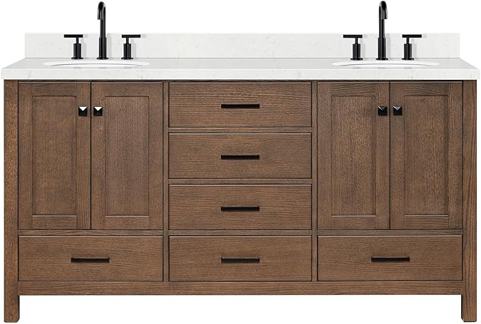 ARIEL Cambridge 66-inch Bathroom Vanity with Sink,Solid Wood, 1.5-inch Carrara White Quartz Countertop & Backsplash, Double Oval Porcelain Sink, 4 Soft Closing Doors, 6 Dovetail Drawers, Brown Oak