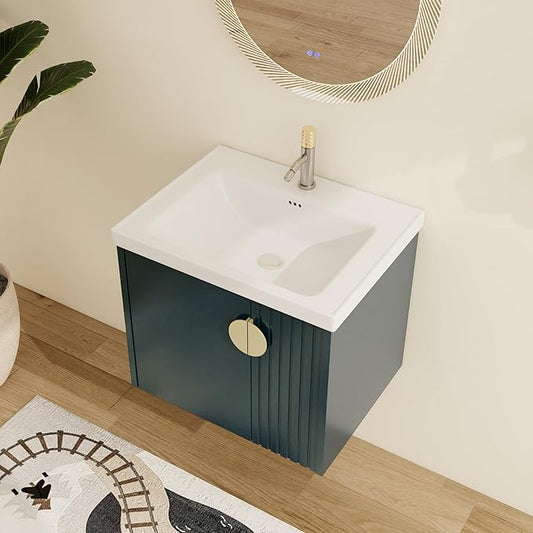 Malwee 24" Floating Bathroom Vanity with Sink, 24 Inch Single Sink Wall Mounted Bathroom Vanity, with 2 Doors and White Ceramic Basin Top, Green Cabinet Set with 3 Color Handles (081-24)