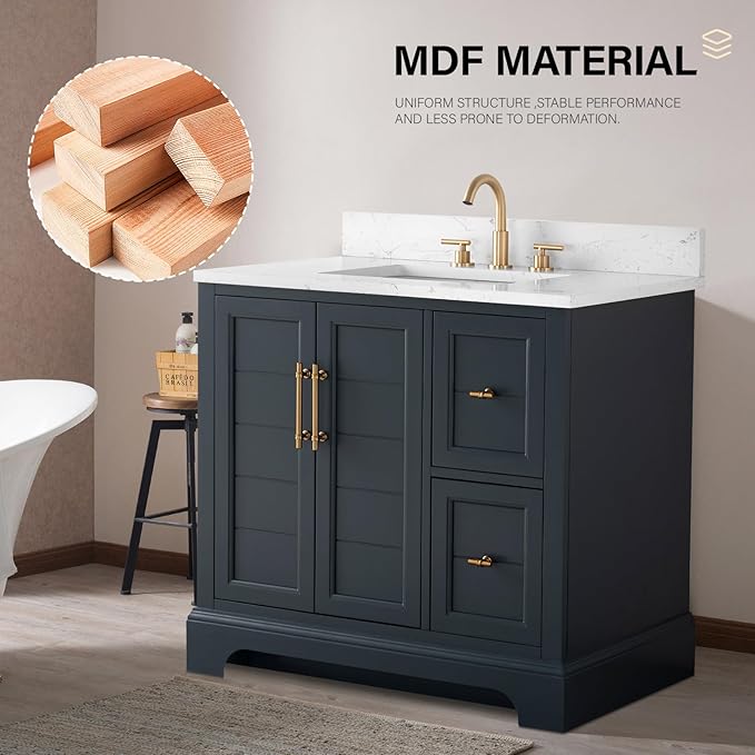 HOMEBEYOND 36 Inch Bathroom Vanity with Single Sink & Ceramic Top, Vanity Cabinet with Center Countertop Basin, Soft-Closing Doors, Backsplash, Vintage Spruce Blue