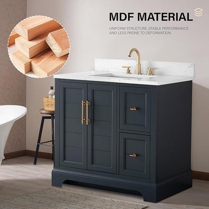 HOMEBEYOND 36 Inch Bathroom Vanity with Single Sink & Ceramic Top, Vanity Cabinet with Center Countertop Basin, Soft-Closing Doors, Backsplash, Vintage Spruce Blue