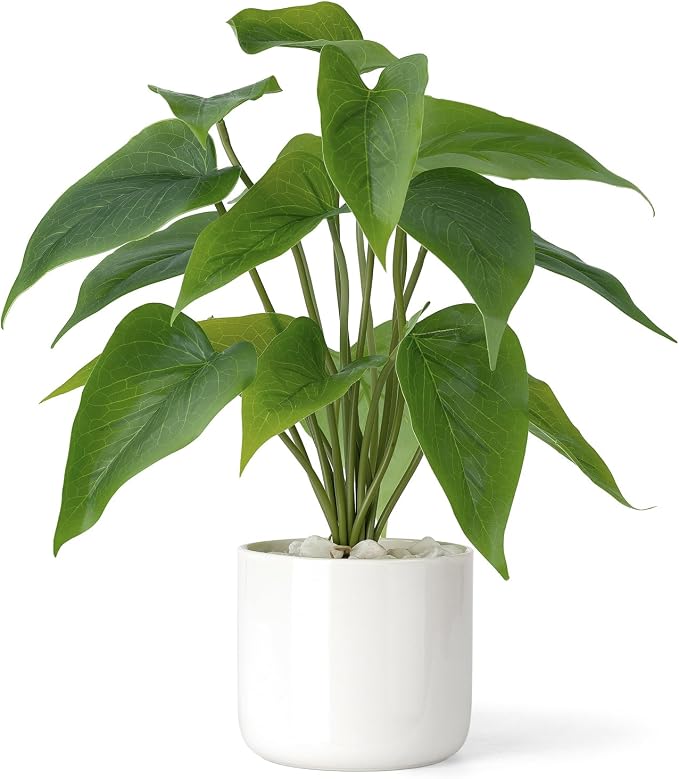 Mkono Fake Plants in Ceramic Pot, 11" Potted Artificial Plants Home Decor | Realistic Faux Green Leaf Plant with White Planter, Fake Pothos, for Desk Shelf Table Office Bathroom Bedroom Decoration