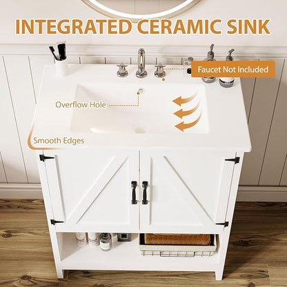 30 Inch Bathroom Vanity with Sink, Pedestal Sink Storage Cabinet with 2 Doors & LED Light, Mid-Century Modern Bathroom Vanity with Open Bottom Shelf, White
