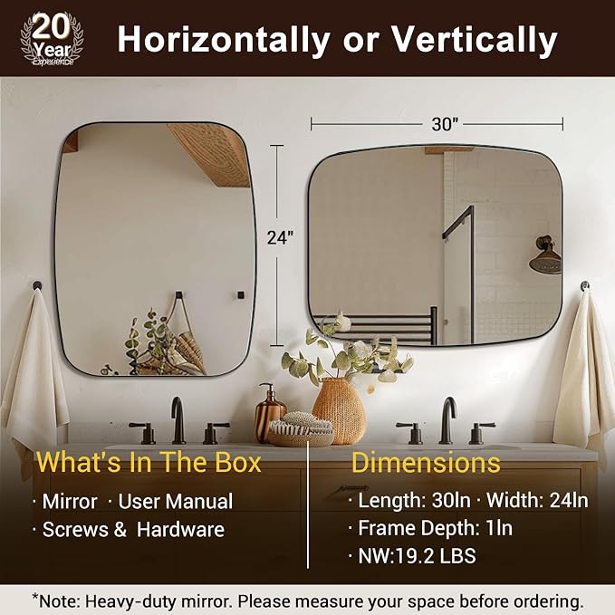 24x30 Black Bathroom Mirror, Oblong Vanity Mirror with Stainless Steel Metal Frame, Matte Black Mirror for Over Sink, Modern Anti Rust Wall Mounted