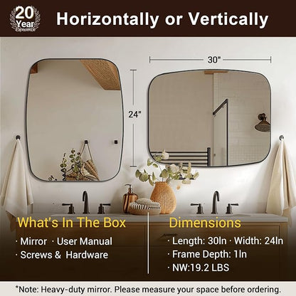 24x30 Black Bathroom Mirror, Oblong Vanity Mirror with Stainless Steel Metal Frame, Matte Black Mirror for Over Sink, Modern Anti Rust Wall Mounted
