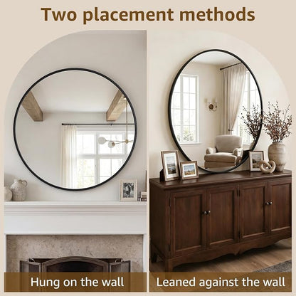 DUMOS 20 Inch Round Wall Mirror, Bathroom Mirrors for Over Sink | Matte Metal Framed Circle Mirror, Wall Decor for Bedroom, Entryway, Anti-Rust, Tempered Glass, Hanging or Leaning, Black