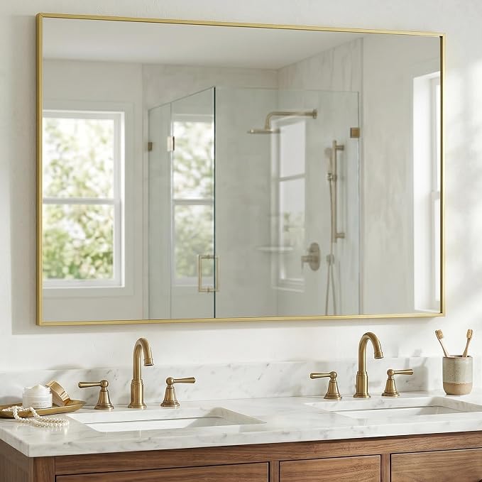 48"x30" Satin Gold Large Framed Bathroom Vanity Wall Mirror | Large Vanity Wall Mirror, Slim Metal Frame, Dresser or Sideboard Use, Vertical/Horizontal Mount, Tempered Glass