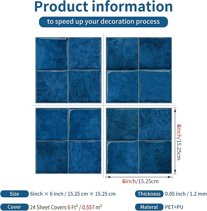Ocean Blue 4 Sheets 6x6 Inch Peel and Stick Subway Tile Backsplash, Self Adhesive Wall Tiles for Kitchen Bathroom, Thick Waterproof Heat Resistant, Easy Install No Grout, Renter Friendly