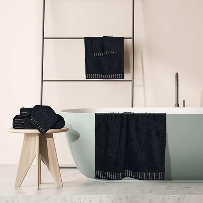 Ultra Soft 6 Pack Cotton Towel Set, Contains 2 Bath Towels 28x55 inch, 2 Hand Towels 16x24 inch & 2 Wash Cloths 12x12 inch, Ideal Everyday use, Compact & Lightweight - Black