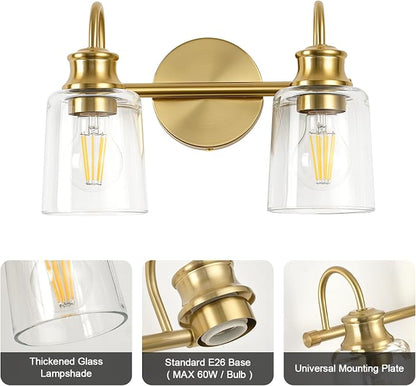 2 Lights Bathroom Light Fixtures Modern Gold Vanity Lights | ETL Certificate, Easy to Install,Wall Mount Up or Down,Thickened Glass Lampshade,E26 Socket,Hardwired