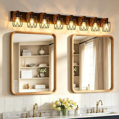 RVONOW 8-Light Farmhouse Bathroom Light Fixtures with Metal Shade | Rustic Bathroom Vanity Light with E26 Base for Bedroom Living Room Hallway, Black