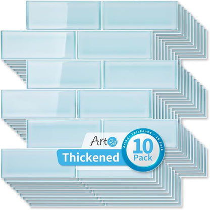 Art3d Seaglass Subway Design Peel and Stick Backsplash, 10-Pack, Aqua Blue | 12 x 12 Inch, Water Resistant, Durable, Easy to Installation, Coastal Style, for Modern Home Decor, Kitchen, Home Improvement
