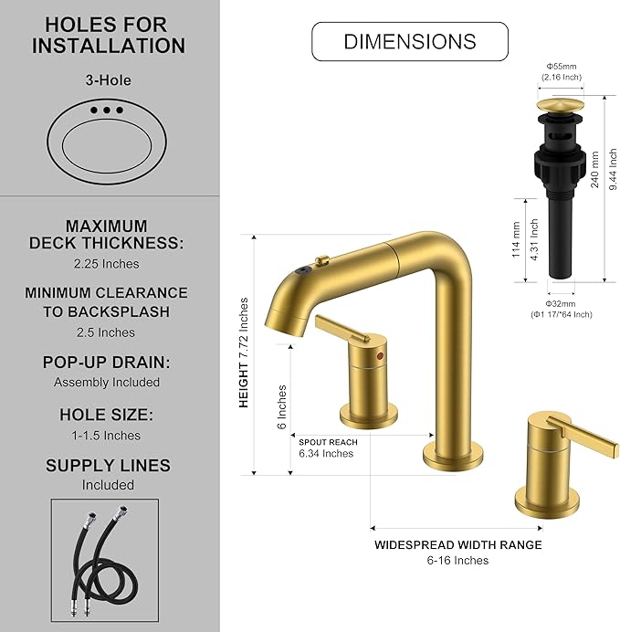 KENES Brushed Gold Pull Down Bathroom Faucet, 8 Inch 2 Handle Widespread Bathroom Faucet 3 Hole with Pull Out Sprayer, Bathroom Sink Faucet with Pop Up Drain & Supply Lines LJ-9058A-4