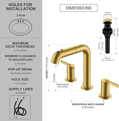KENES Brushed Gold Pull Down Bathroom Faucet, 8 Inch 2 Handle Widespread Bathroom Faucet 3 Hole with Pull Out Sprayer, Bathroom Sink Faucet with Pop Up Drain & Supply Lines LJ-9058A-4