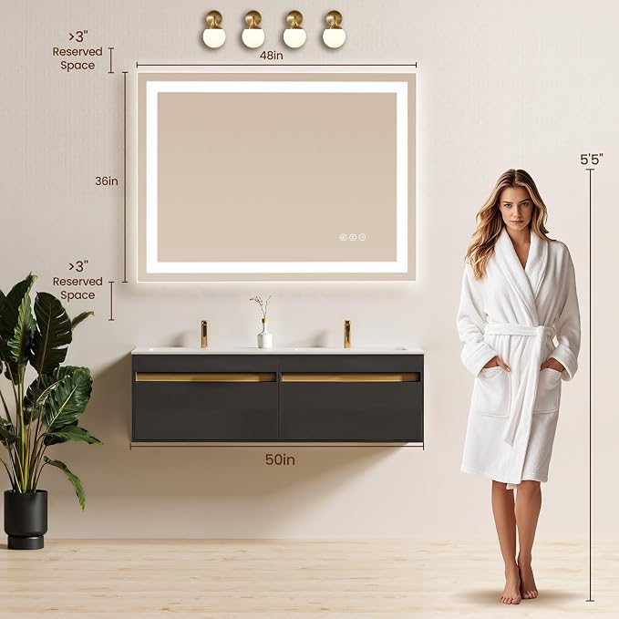 48x36 LED Bathroom Mirror with Anti-Fog, Backlit & Front Lit, Memory | Stepless Dimmable 3 Color CRI 95+ Shatterproof Tempered Glass ETL Listed for Safety Lighted Bathroom Vanity Mirror for Wall