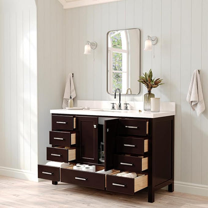 ARIEL Cambridge 54-inch Bathroom Vanity with Sink,Solid Wood, 1.5-inch Pure White Quartz Countertop, Single Rectangular Porcelain Sink, 2 Soft Closing Doors, 9 Dovetail Drawers, Espresso