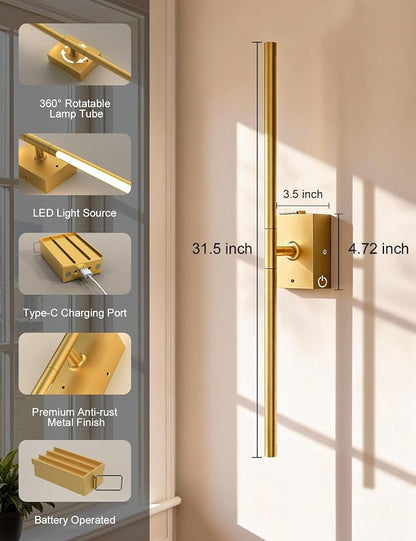 Battery Operated Wall Sconces Set of 2, Wireless Rechargeable Wall Lights | 10000mAh, Remote Control, 4CCT Dimmable, 360° Rotation, Modern Home Decor for Living Room, Bedroom, Picture Lighting, Gold