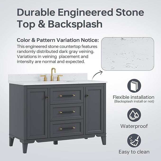 48 Inch Bathroom Vanity with Sink, Solid Wood Vanity with Engineered Stone Top, Fully-Assembled Vanity with Soft Closing Doors & Dovetail Drawers, Single Sink Bathroom Cabinet, Charcoal Gray