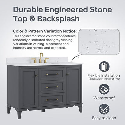 48 Inch Bathroom Vanity with Sink, Solid Wood Vanity with Engineered Stone Top, Fully-Assembled Vanity with Soft Closing Doors & Dovetail Drawers, Single Sink Bathroom Cabinet, Charcoal Gray